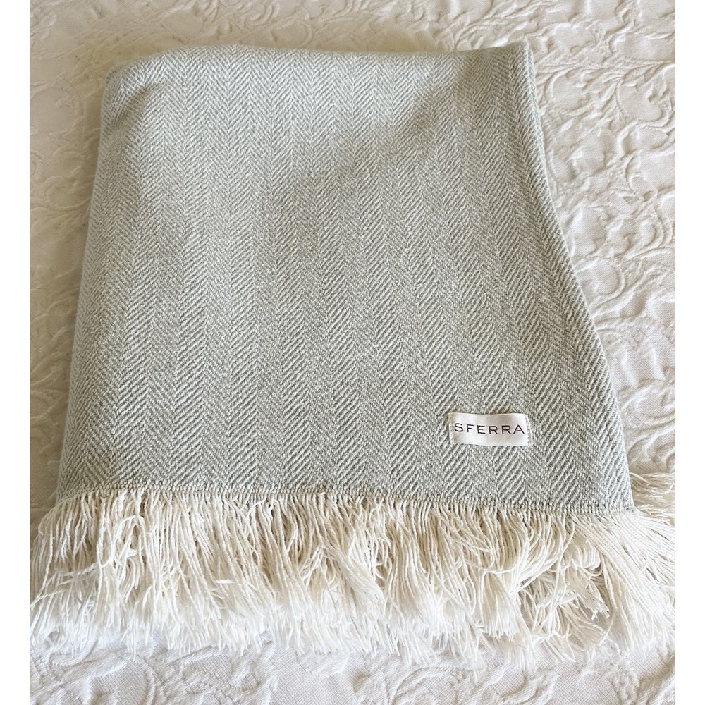 Sferra Cotton Herringbone Throw Lap Blanket Fringe Portugal Sage Green 64x56